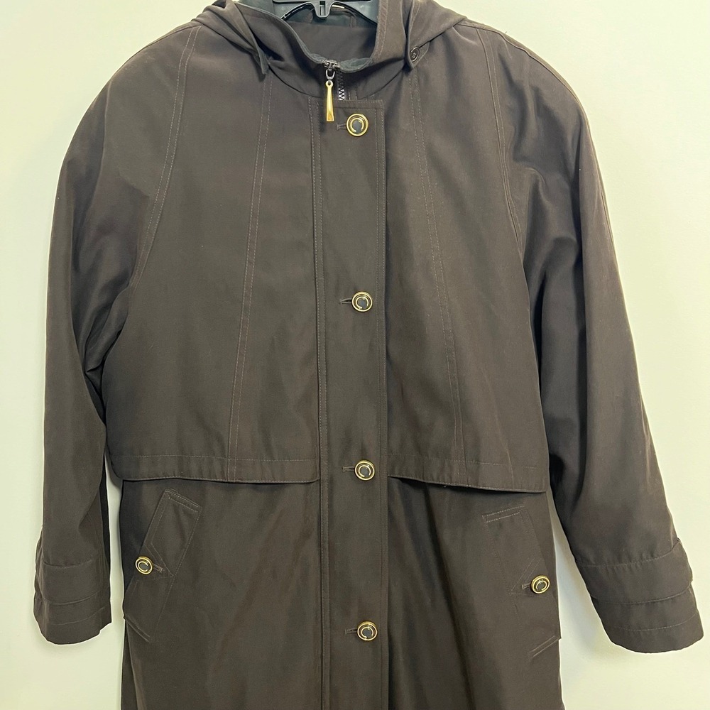 VTG Valerie Stevens Womens Long Hooded Trench Coat Brown Button Zip Size 12P - Picture 11 of 13